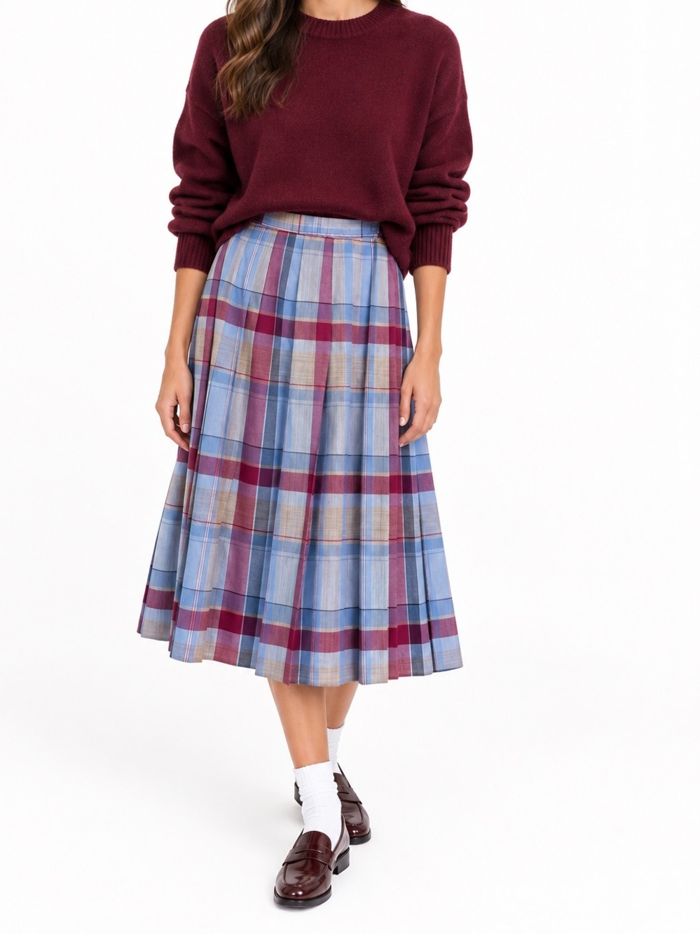 Pendleton 100% wool Pleated Plaid Midi Skirt 12 petite Blue Pink made in USA